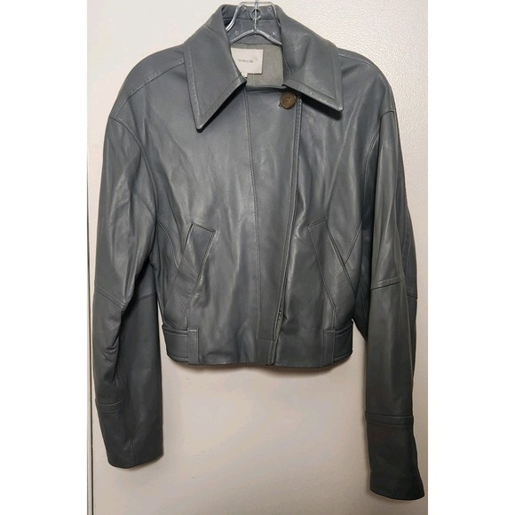 Vince‎ Cropped Gray Lambs Leather Flight Jacket Moto Small Adjustable Lined NWOT - Picture 4 of 16